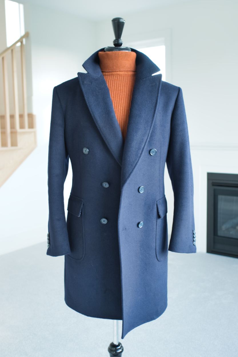 Navy double-breasted bespoke overcoat